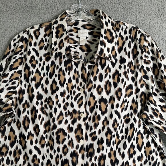 Chicos Leopard Print Button Front Shirt Size M No Iron Safari Career Boho Chic - Picture 1 of 11